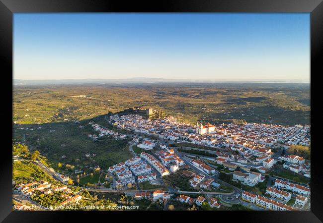 Castelo de Vide drone aerial view in Alentejo, Portugal from Serra de Sao Mamede mountains Framed Print by Luis Pina