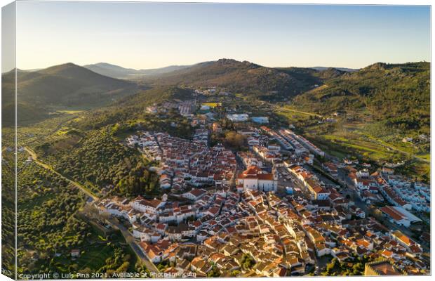 Castelo de Vide drone aerial view in Alentejo, Portugal from Serra de Sao Mamede mountains Canvas Print by Luis Pina