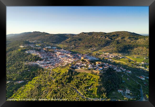Castelo de Vide drone aerial view in Alentejo, Portugal from Serra de Sao Mamede mountains Framed Print by Luis Pina