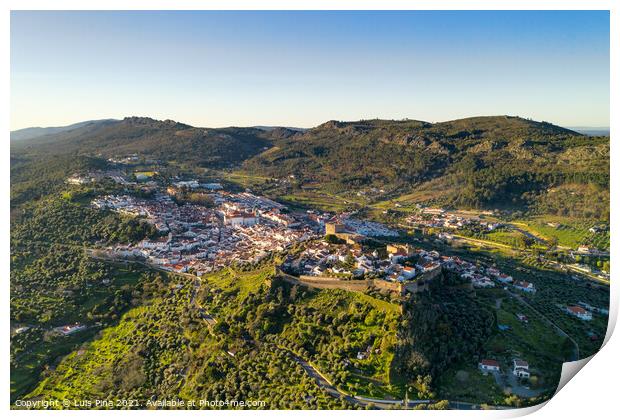 Castelo de Vide drone aerial view in Alentejo, Portugal from Serra de Sao Mamede mountains Print by Luis Pina