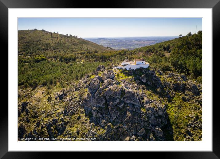 Aerial drone view of Ermida da Nossa Senhora da Penha in Serra de Sao Mamede mountain in Castelo de Vide, Portugal Framed Mounted Print by Luis Pina