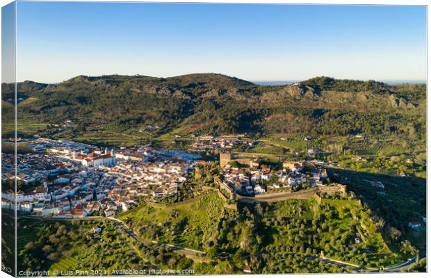 Castelo de Vide drone aerial view in Alentejo, Portugal from Serra de Sao Mamede mountains Canvas Print by Luis Pina