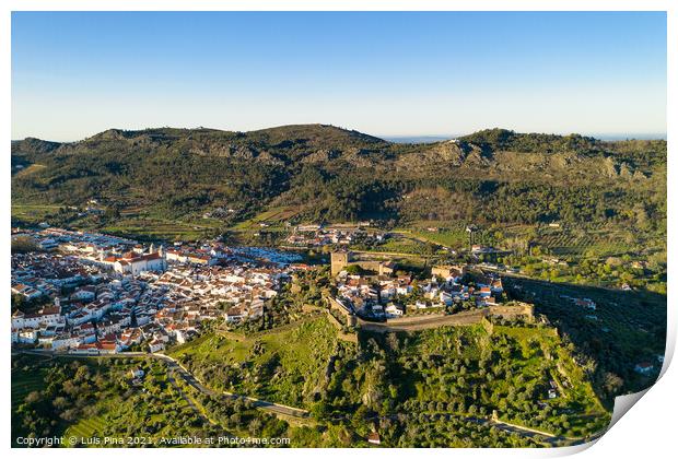 Castelo de Vide drone aerial view in Alentejo, Portugal from Serra de Sao Mamede mountains Print by Luis Pina