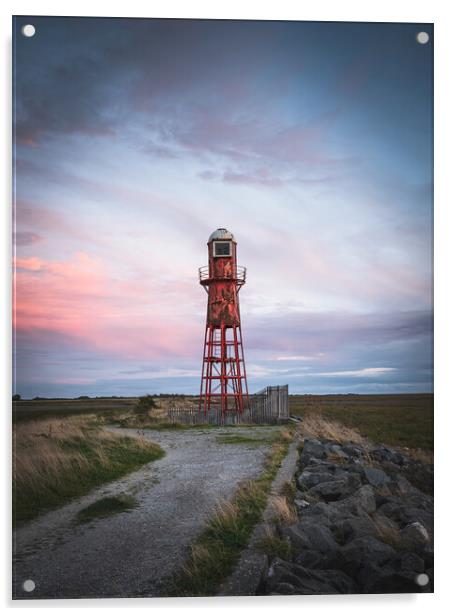 Thorngumbald lighthouse  sunset Acrylic by Jason Thompson
