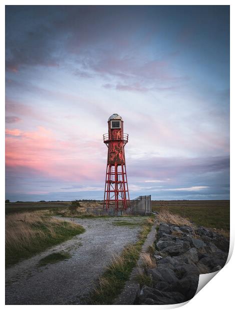 Thorngumbald lighthouse  sunset Print by Jason Thompson