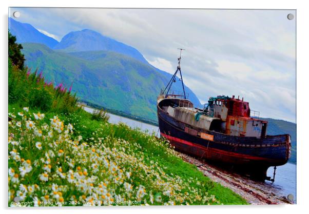 Corpach boat wreck and Ben Nevis Acrylic by Morag Locke