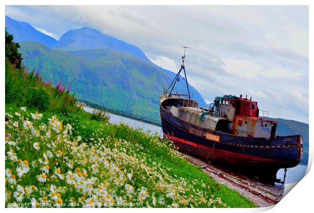 Corpach boat wreck and Ben Nevis Print by Morag Locke