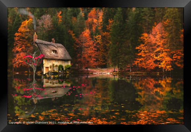 Cottage At Autumn Glory Lake Framed Print by Alison Chambers
