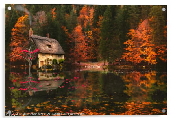 Cottage At Autumn Glory Lake Acrylic by Alison Chambers