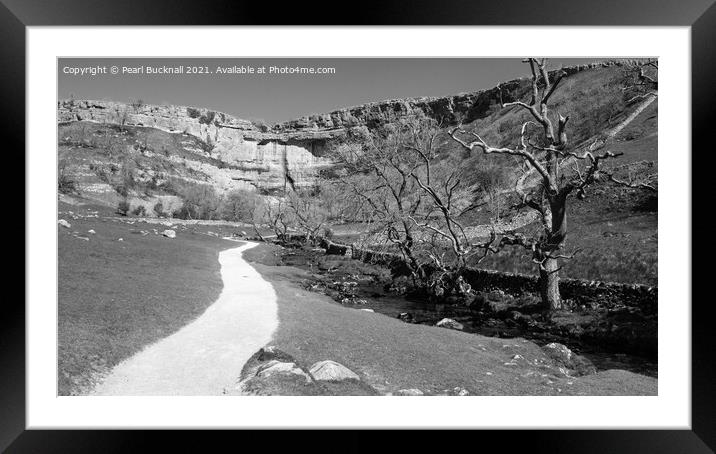 Pennine Way Malham Cove Yorkshire Black and White Framed Mounted Print by Pearl Bucknall