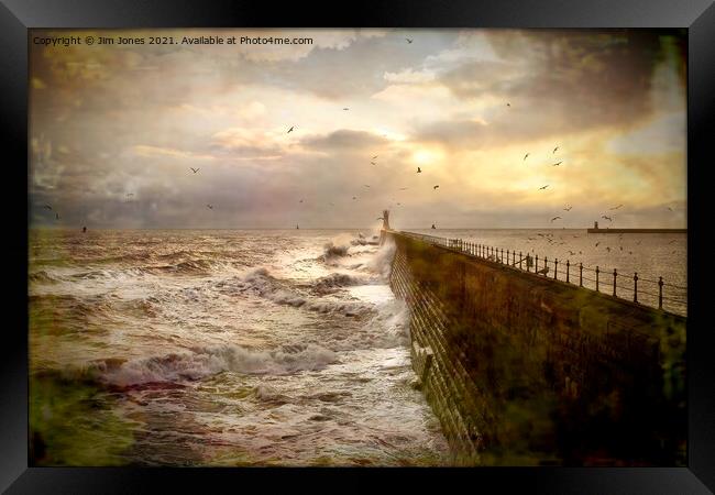 Artistic Stormy weather at Tynemouth Pier Framed Print by Jim Jones