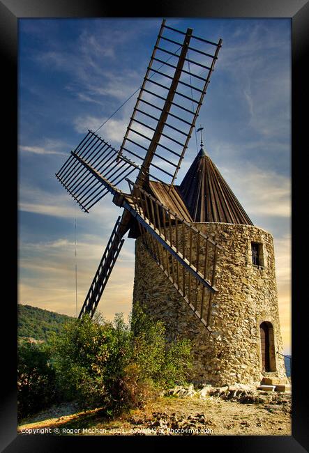 Rustic Charm of Grimaud Windmill Framed Print by Roger Mechan