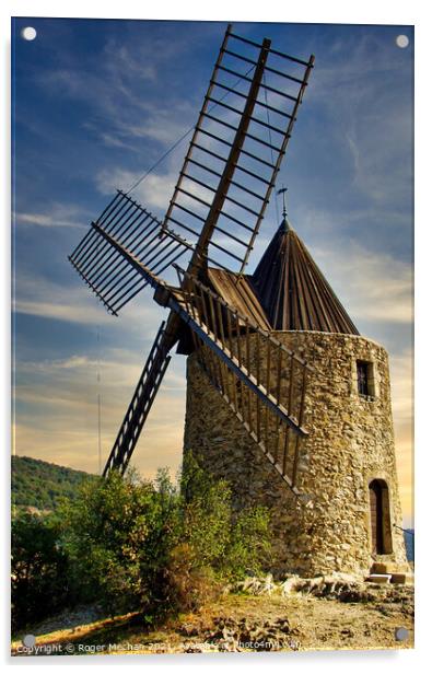 Rustic Charm of Grimaud Windmill Acrylic by Roger Mechan
