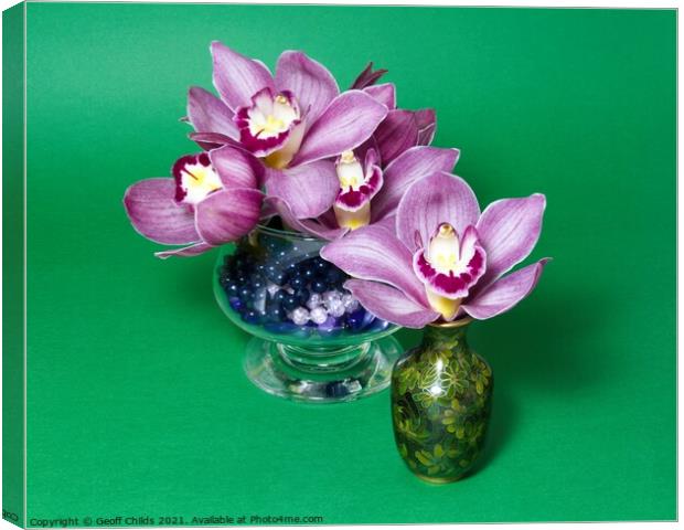 Pretty lavender pink Cymbidium Clarisse Orchids in vases. Canvas Print by Geoff Childs