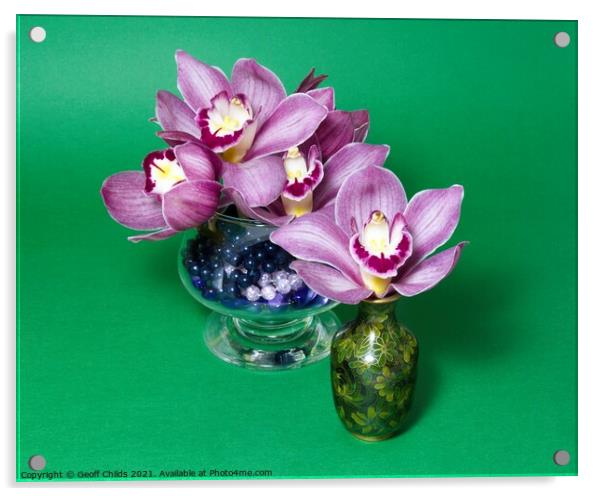 Pretty lavender pink Cymbidium Clarisse Orchids in vases. Acrylic by Geoff Childs
