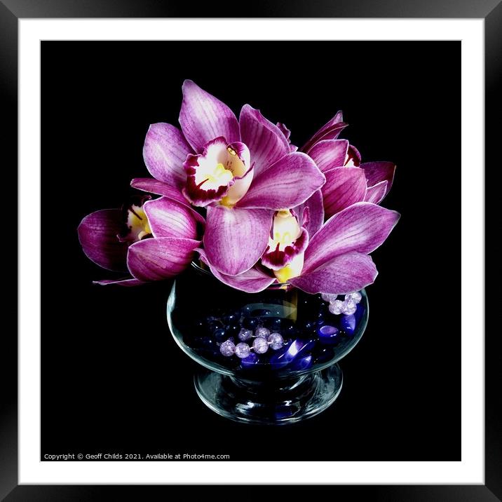  Pretty pink Cymbidium Orchid in a Vase on black. Framed Mounted Print by Geoff Childs