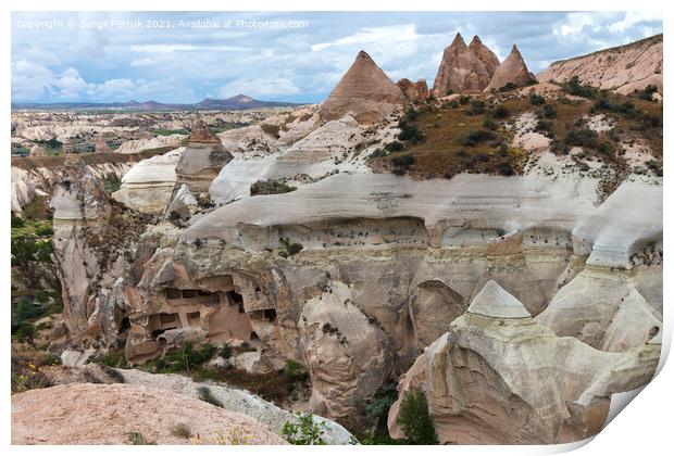 Ancient caves in the rocky mountain ranges of Cappadocia, an unusual landscape of central Turkey. Print by Sergii Petruk