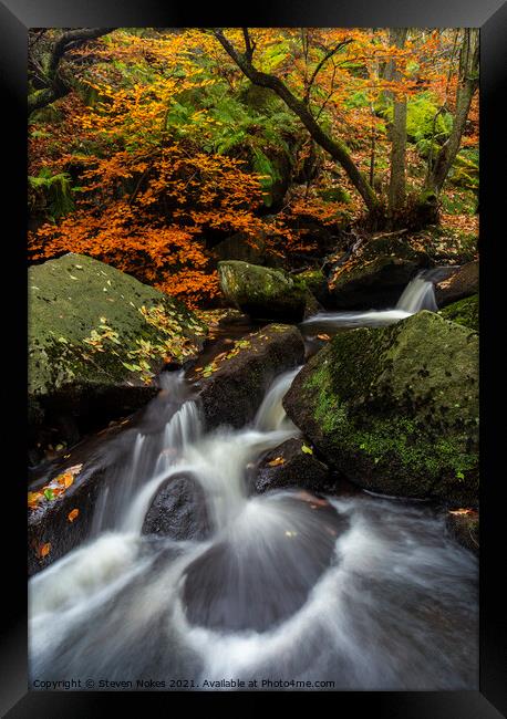 Enchanting Autumnal Waterfall in Padley Gorge Framed Print by Steven Nokes