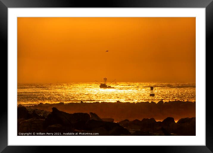 Fishing Boat Leaving Westport Sunset Buoy Grays Harbor Washingto Framed Mounted Print by William Perry