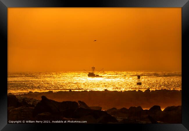 Fishing Boat Leaving Westport Sunset Buoy Grays Harbor Washingto Framed Print by William Perry