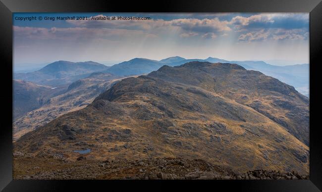 Three Tarns on Crinkle Crags from Bowfell, Lake District Framed Print by Greg Marshall