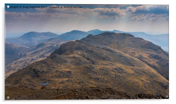 Three Tarns on Crinkle Crags from Bowfell, Lake District Acrylic by Greg Marshall