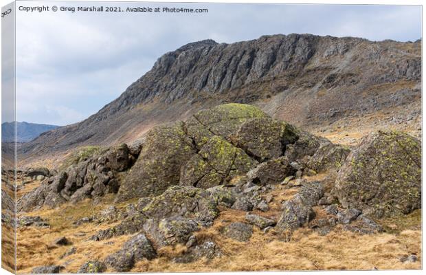 Bowfell from Three Tarns Langdale, The Lake District Canvas Print by Greg Marshall