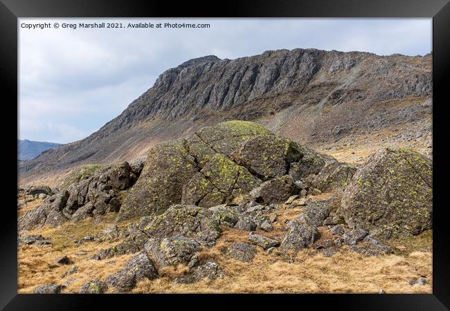 Bowfell from Three Tarns Langdale, The Lake District Framed Print by Greg Marshall
