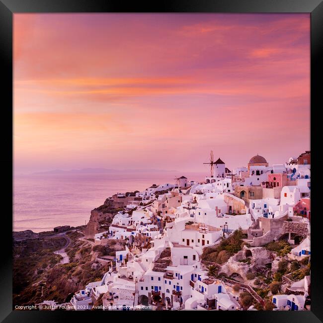 Oia, at sunset, Santorini, Greece Framed Print by Justin Foulkes