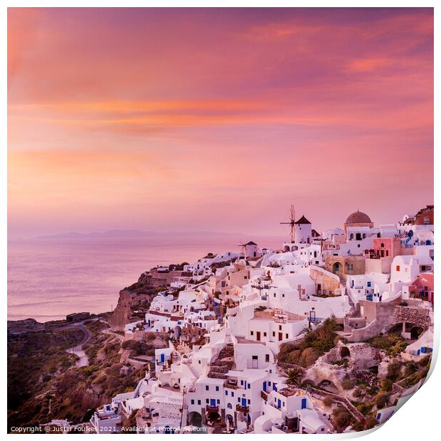 Oia, at sunset, Santorini, Greece Print by Justin Foulkes