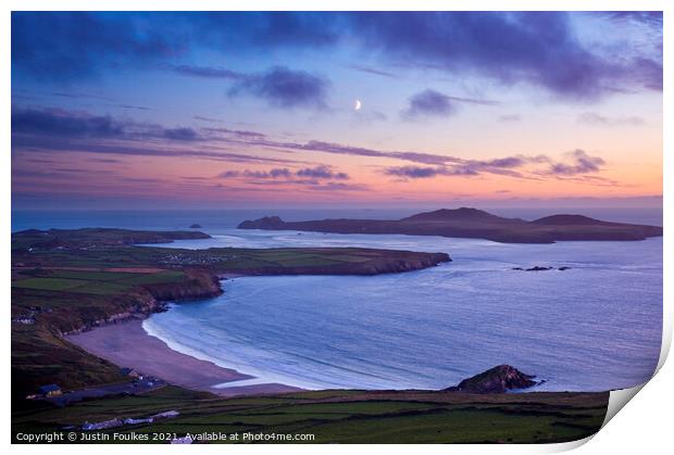Moon over Whitesands Bay, Pembrokeshire, South Wales Print by Justin Foulkes