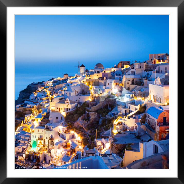 Oia at night Santorini, Greece Framed Mounted Print by Justin Foulkes