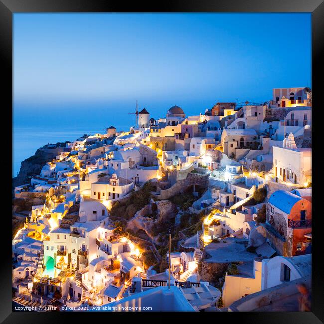 Oia at night Santorini, Greece Framed Print by Justin Foulkes