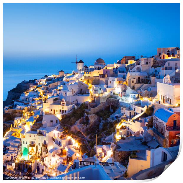 Oia at night Santorini, Greece Print by Justin Foulkes