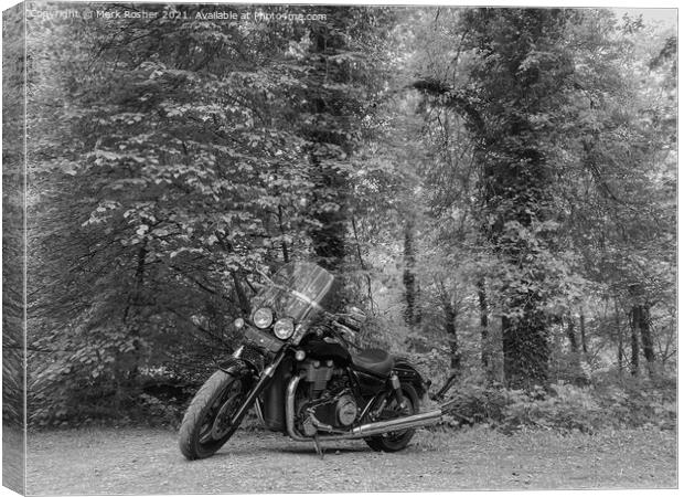 A Triumph Thunderbird Storm motorcycle parked beneath trees on a sunny day, in mono Canvas Print by Mark Rosher