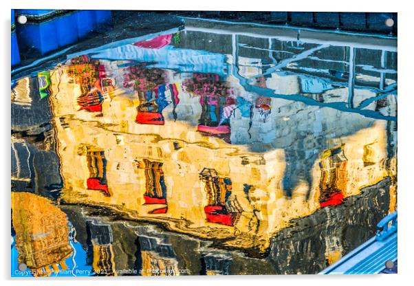 Old Building Reflection Abstract Inner Harbor Honfluer France Acrylic by William Perry