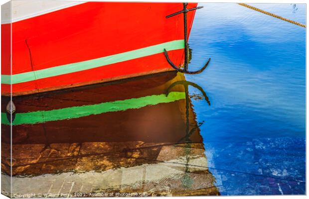 Red Boat Waterfront Reflection Inner Harbor Honfluer France Canvas Print by William Perry