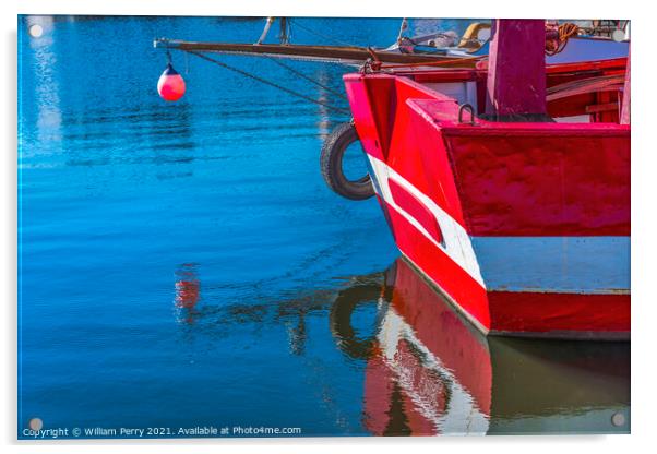 Red Boat Waterfront Reflection Inner Harbor Honfluer France Acrylic by William Perry