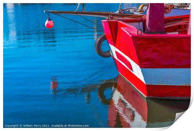 Red Boat Waterfront Reflection Inner Harbor Honfluer France Print by William Perry