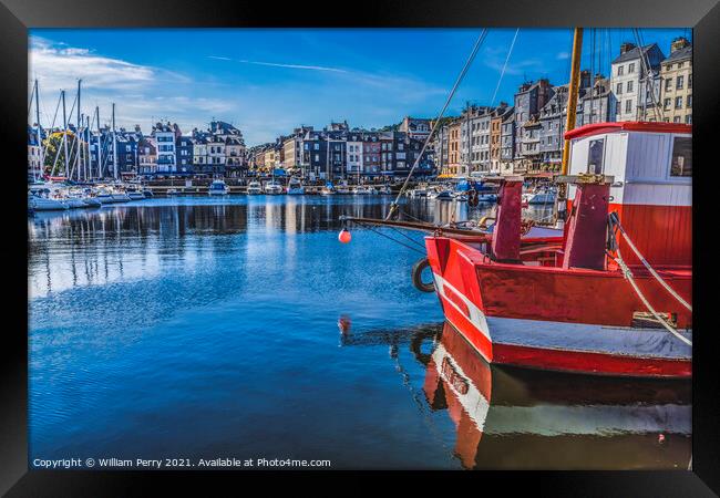 Red Boat Waterfront Reflection Inner Harbor Honfluer France Framed Print by William Perry