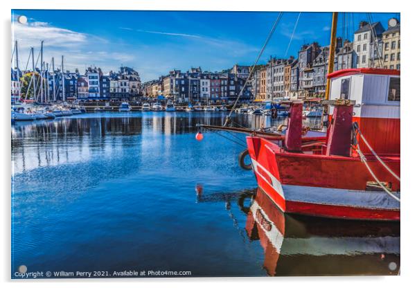 Red Boat Waterfront Reflection Inner Harbor Honfluer France Acrylic by William Perry