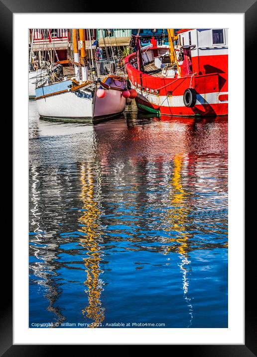 Red Boat Yacht Waterfront Reflection Inner Harbor Honfluer Franc Framed Mounted Print by William Perry