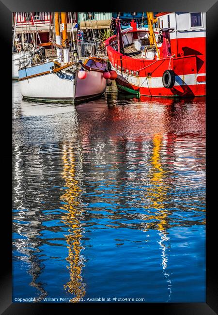 Red Boat Yacht Waterfront Reflection Inner Harbor Honfluer Franc Framed Print by William Perry