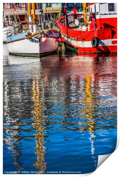 Red Boat Yacht Waterfront Reflection Inner Harbor Honfluer Franc Print by William Perry