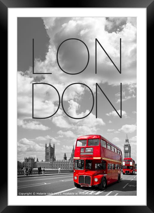 Red Buses in London | Text & Skyline Framed Mounted Print by Melanie Viola