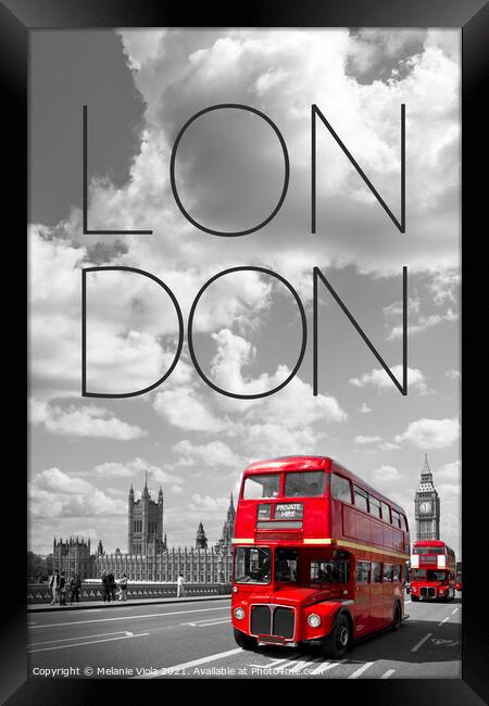 Red Buses in London | Text & Skyline Framed Print by Melanie Viola