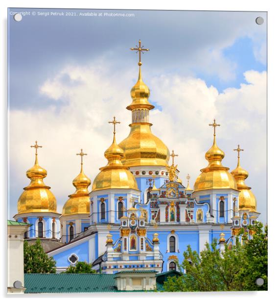 Golden domes of St. Michael's Golden-Domed Cathedral in Kiev in the spring against a blue cloudy sky on a warm spring day. Acrylic by Sergii Petruk