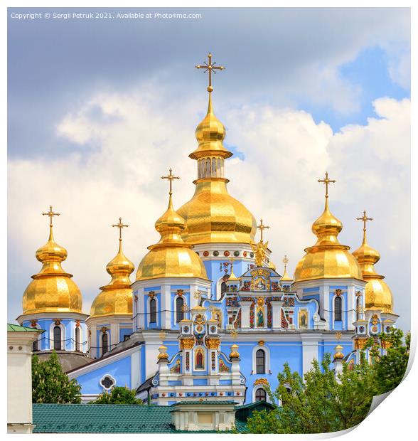Golden domes of St. Michael's Golden-Domed Cathedral in Kiev in the spring against a blue cloudy sky on a warm spring day. Print by Sergii Petruk