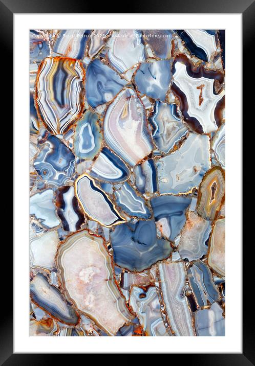 Agate gemstones are polished, in section, in the form of an amazing fascinating panel. Framed Mounted Print by Sergii Petruk
