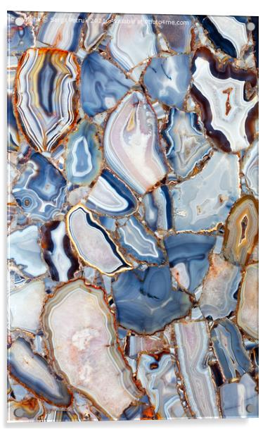 Agate gemstones are polished, in section, in the form of an amazing fascinating panel. Acrylic by Sergii Petruk